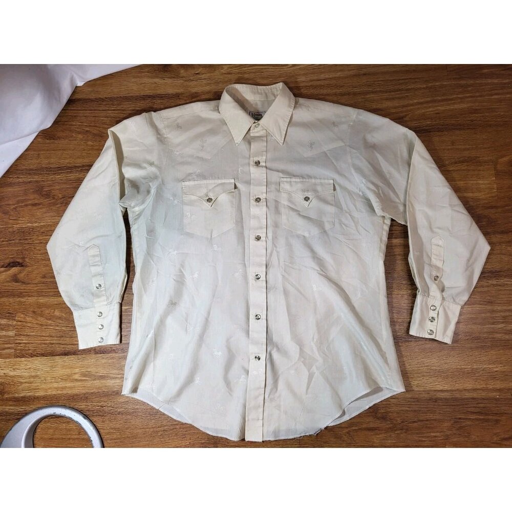 Vintage H Bar C‎ Size 16.5 USA Ivory Horse Design Long Sleeve